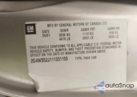 2001 Buick Century Custom from USA, damaged, VIN 2G4WS52J111331159